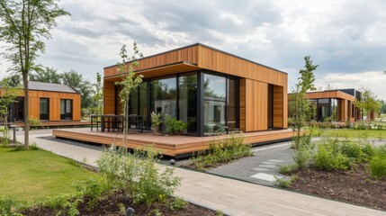 Fototapeta premium Modern Wooden Modular Homes in a Green Landscape