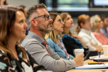 Engaged Adult Learners in a Professional Digital Marketing Seminar Taking Notes and Interacting