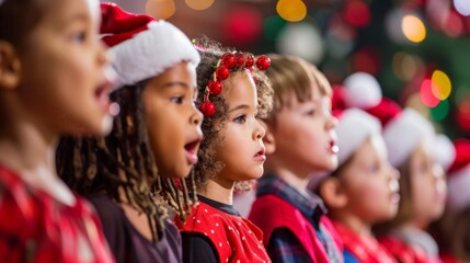 Fototapeta premium Children Singing Christmas Carols at School Concert With Festive Decorations and Lights
