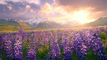   A field of purple flowers before a snow-capped mountain range in the background