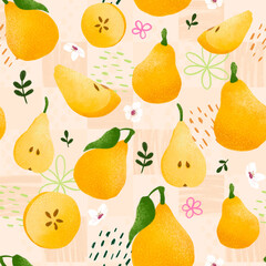 Seamless textured pattern of yellow pears in retro cottagecore style. Fruit background pear leaves and slices for paper cover fabric, gift wrapping wall art gouache hand drawn style on pink decoration