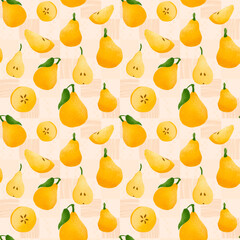 Seamless textured pattern of yellow pears in retro cottagecore style. Fruit background pear leaves and slices for paper cover fabric, gift wrapping wall art gouache hand drawn style on pink decoration