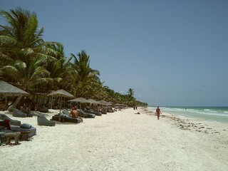 Beach Paradise: Pristine white sandy beach with turquoise waters and palm trees, perfect for beach vacations, tropical getaways, and relaxing holidays.
