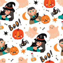 Halloween seamless pattern with cute characters.Funny cartoon background with children in vampire and witch costumes, pumpkins with faces, ghosts,spider. Vector design set in color isolated on white.