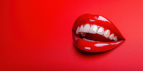 Naklejka premium A striking close-up of glossy red lips showcasing perfect white teeth against a vibrant red background.