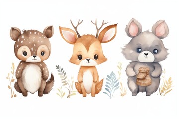 Fototapeta premium Cute baby giraffe, deer animal nursery mouse and bear, raccoon and bunny isolated illustration for children. Watercolor boho forest cartoon Birthday patry invitation Perfect for nursery posters 