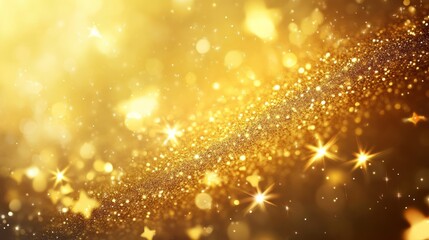 Golden abstract background with a bokeh circle and shiny stars. New year, birthday, holidays celebration.