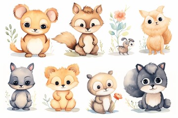 Cute baby giraffe, deer animal nursery mouse and bear, raccoon and bunny isolated illustration for children. Watercolor boho forest cartoon Birthday patry invitation Perfect for nursery posters 