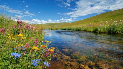 Naklejka premium A stream flows through a verdant hillside carpeted in wildflowers, while the sky above is a brilliant shade of blue
