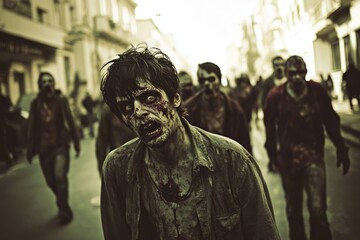 Zombies walking down a deserted street