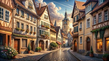 Naklejka premium Charming street view with half-timbered houses and a clock tower in a warm evening light