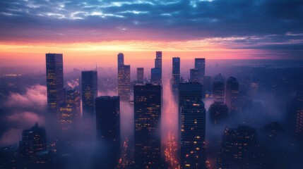 Fototapeta premium City skyline at dawn with fog rolling in