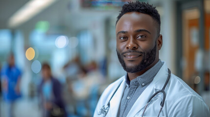 Fototapeta premium Confident Doctor Standing in Hospital Corridor