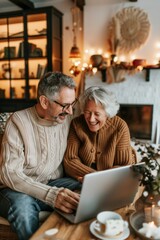 Senior Couple Engaged in Virtual Travel Lecture on Laptop in Cozy Living Room Setting