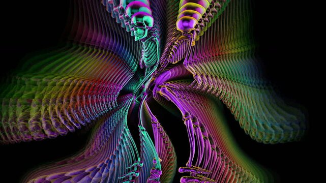Futuristic seamless animation of a glass zombie skeletons with turbulent echo effect.