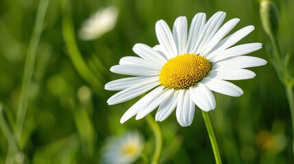 Fototapeta premium White flower with yellow center surrounded by green-white field