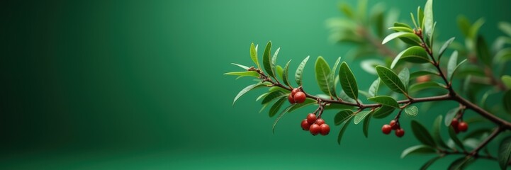 Obraz premium A close-up of a vibrant green background featuring a branch with red berries, perfect for seasonal designs or nature-themed projects.
