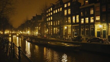 Fototapeta premium Nighttime Canal View in Amsterdam
