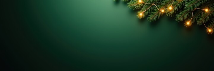 A festive green background adorned with evergreen branches and warm fairy lights, perfect for holiday-themed designs and seasonal promotions.