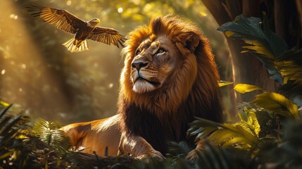 Majestic Lion in Jungle with Soaring Eagle, Symbolizing Strength, Determination & Vision in Motivational Nature Scene