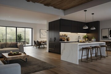 Modern living room and kitchen, home interior design concept, comfortable sofa and armchair, cozy carpet, coffee and diner table, and plants. Generative AI.