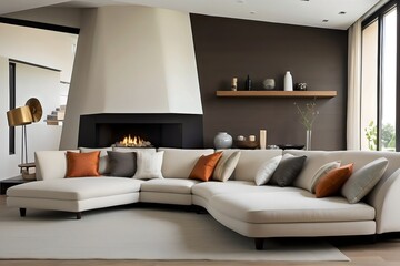 Modern living room, home interior design concept, comfortable white sofa, cozy carpet, coffee table, and plants. Generative AI.