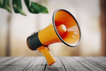 A 3D render of a vibrant orange megaphone with black detailing