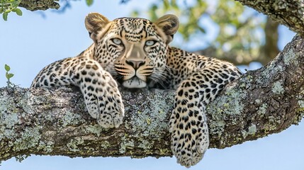 Naklejka premium Leopard resting on a tree branch, head at rest on another branch, sky blue behind