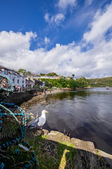 A serene landscape featuring a body of water with boats and buildings along the shore. The image captures a peaceful scene with a cloudy sky overhead.  Portree, Scotland, isle of skye