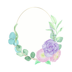 Watercolor floral frame-wreath with flowers of pastel colors and golden geometric element