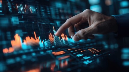 Closeup of a businessman39s hand touching a digital interface with overlapping bar graphs representing financial insights and technology