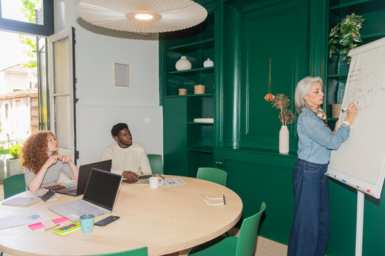 Team Focused On Office Presentation, Direct Flash Photo.