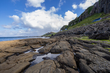 Scenic, Rocky Beach, Water, nature, coastal, oceanic landforms, cliff, sea, shore, mountain, grass, plants, rocks, rock, landscape, sky, beach, coast, water, stone, travel, ocean, clouds, cloud, summe