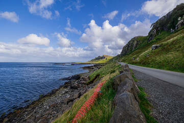 A scenic coastal road winds past rugged cliffs and the ocean under a vibrant blue sky. Grassy hills and rocky shores frame the landscape, evoking a serene and picturesque Scottish countryside.