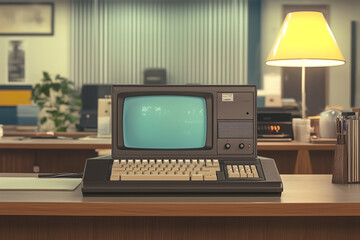A vintage computer setup on a wooden desk with a lamp and accessories in a retro-styled office environment. Generative AI.
