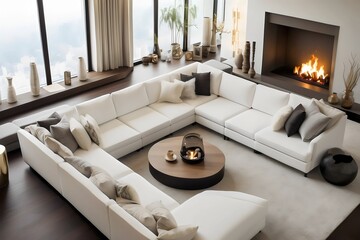 Modern living room, home interior design concept, comfortable white sofa, cozy carpet, coffee table, and plants. Generative AI.