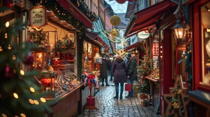 Christmas-Themed Street with Decorated Shops and Shoppers on a Festive Evening
