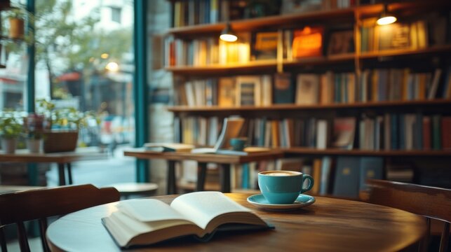 Cozy cafa with books and coffee cups