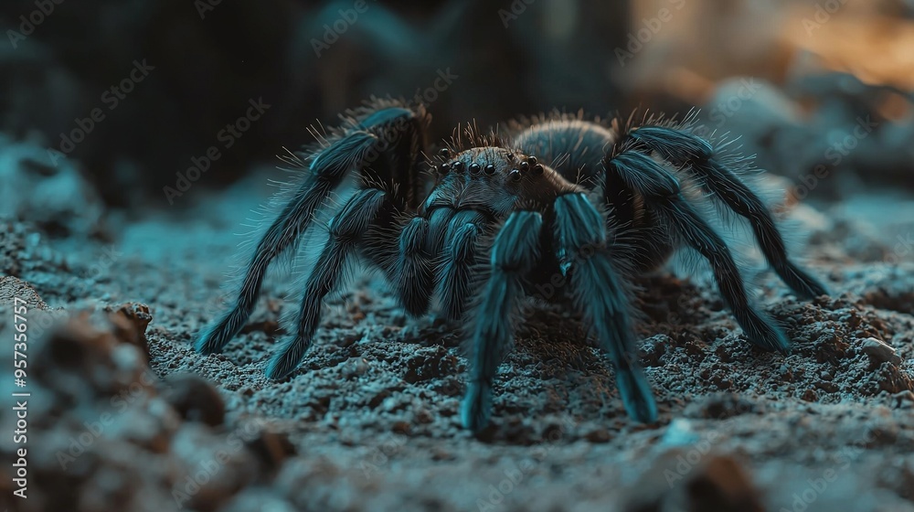 Wall mural a sharp image of a massive blue spider resting atop a mound of earth with an indistinct skyscraper i