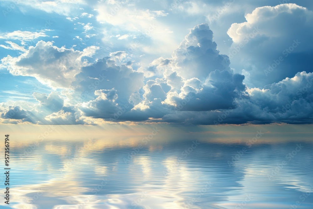 Sticker beautiful clouds formations hover over tranquil water with sunlight reflections and a storm in the d