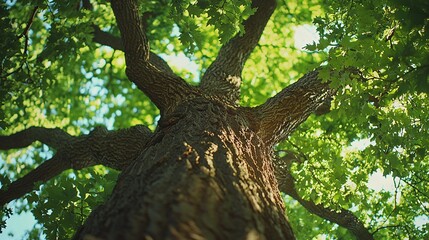   A close-up of a towering tree, adorned with lush foliage on its sprawling branches, against a backdrop of vivid blue skies