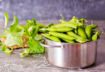 Green peas in metal bowl