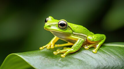 Obraz premium a green frog sitting on a leaf with a distinct black spot on its eye and a sharp background