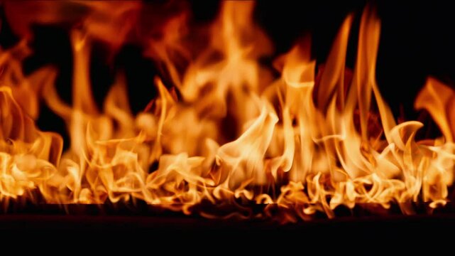 Beautiful dancing fire, the surface is ablaze. Lots of fire. Close-up immersion in the flames. The camera passes through the fire. Burning tongues of flame on a black backdrop in slow motion