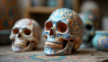A human skull made of clay or ceramic, with intricate details and vibrant colours, featuring traditional patterns and artistic motifs.