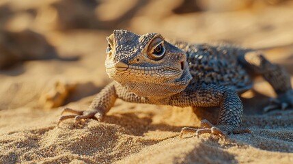 Obraz premium Close-up of a tiny lizard on a sandy terrain amidst rocks, with a blurred lizard image in the foreground