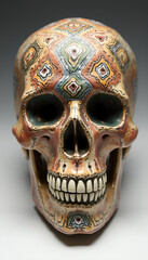 A human skull made of clay or ceramic, with intricate details and vibrant colours, featuring traditional patterns and artistic motifs.