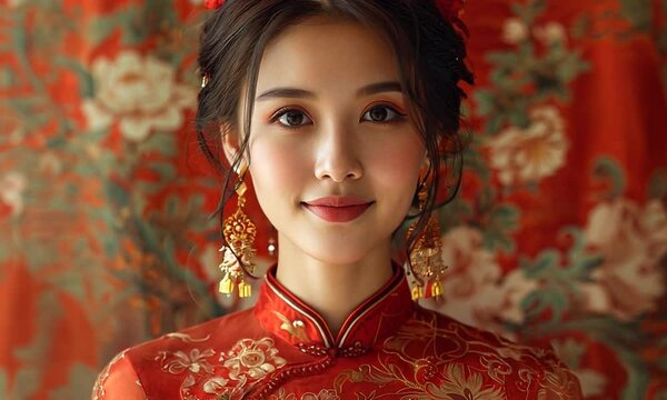 A woman in a red dress with flowers on it
