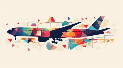 A silhouette of an airplane in mid-air, with geometric patterns and shapes.