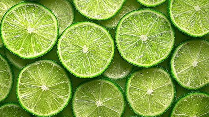   A collection of halved limes stacked atop each other with droplets of water